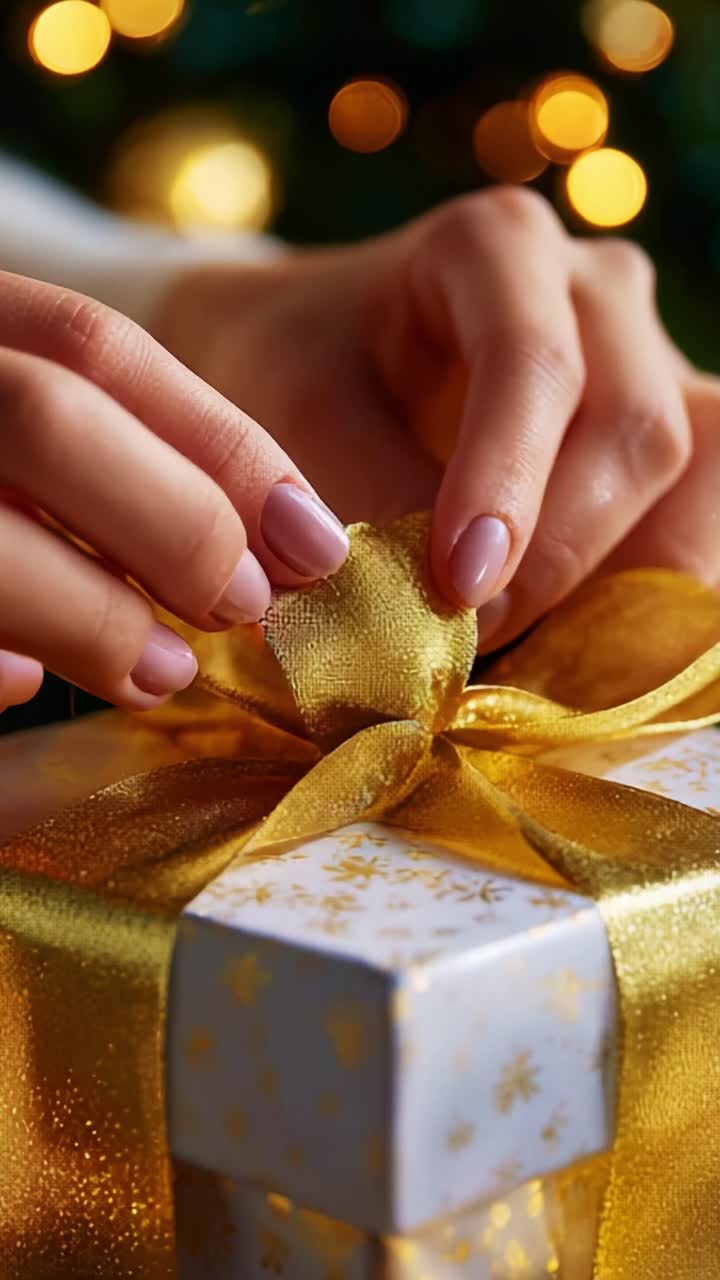 A Delicate Moment of Anticipation: Unwrapping the Gold Bow of a Beautifully Wrapped Gift Amidst a Festive Background with Bokeh Lights that Spark Joy and Excitement for the Holiday Season