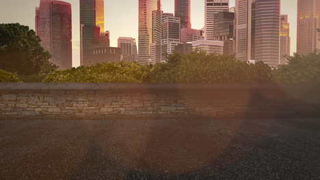 Panorama of city landscape with many big buildings and park in summer day