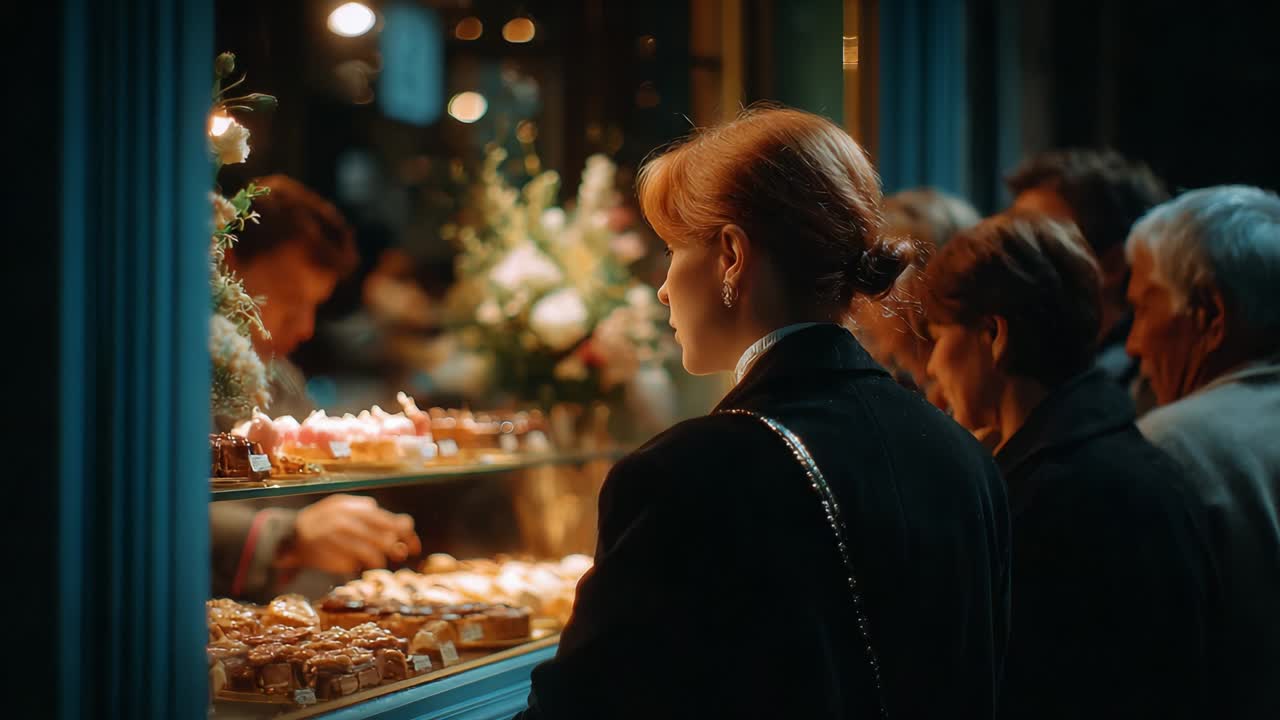 A Captivating Moment at the Pastry Window: A Young Woman Gazes Longingly at Exquisite Sweets While a Crowd Forms Behind Her, Illuminated by Warm Lights and Surrounded by Beautiful Floral Arrangements