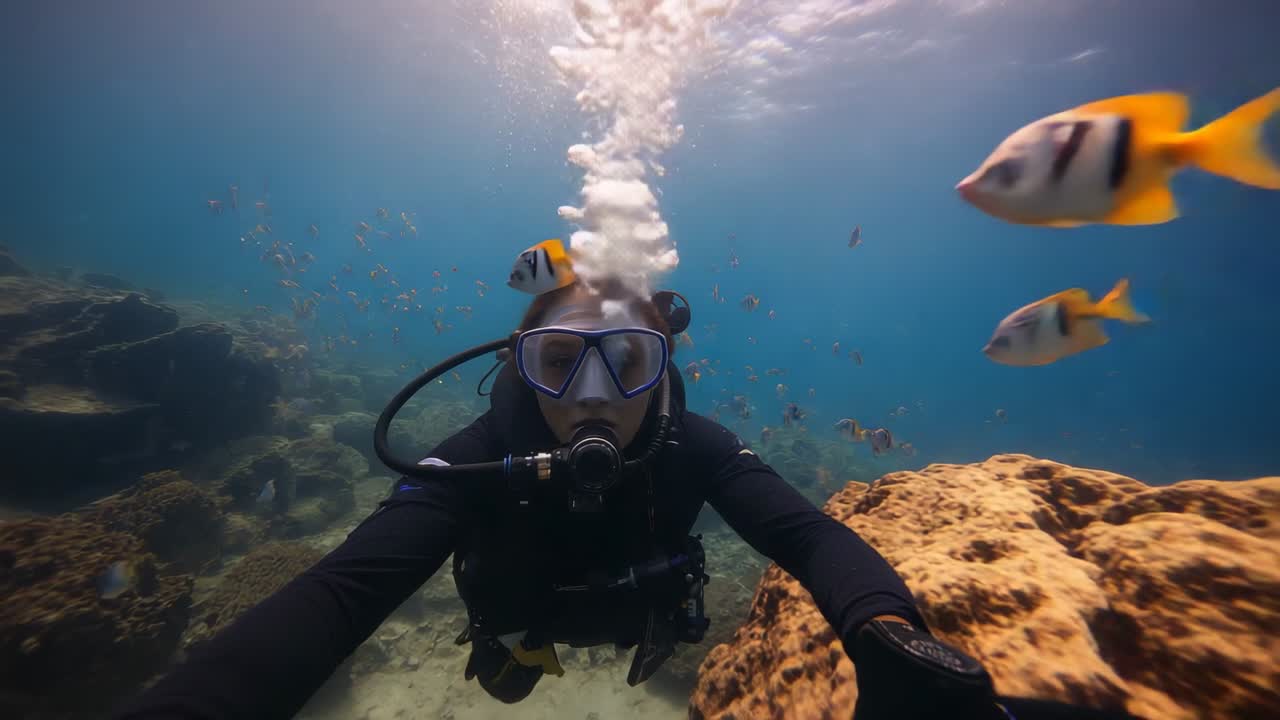 Exhaling scuba diver wearing wetsuit gliding and exploring reef, with bubbles and fish circling