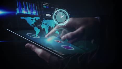 animación de un reloj que se mueve sobre el procesamiento de datos y un empresario caucásico que usa una tableta