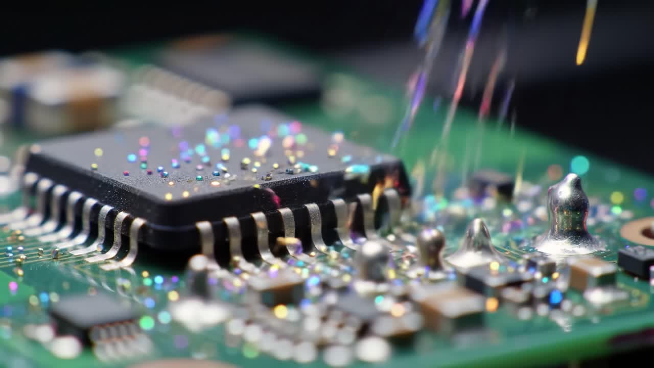Close-up of a Circuit Board with Colorful Sparks, Showcasing Electronics in Action and the Intricate Design of Modern Technology in Motion