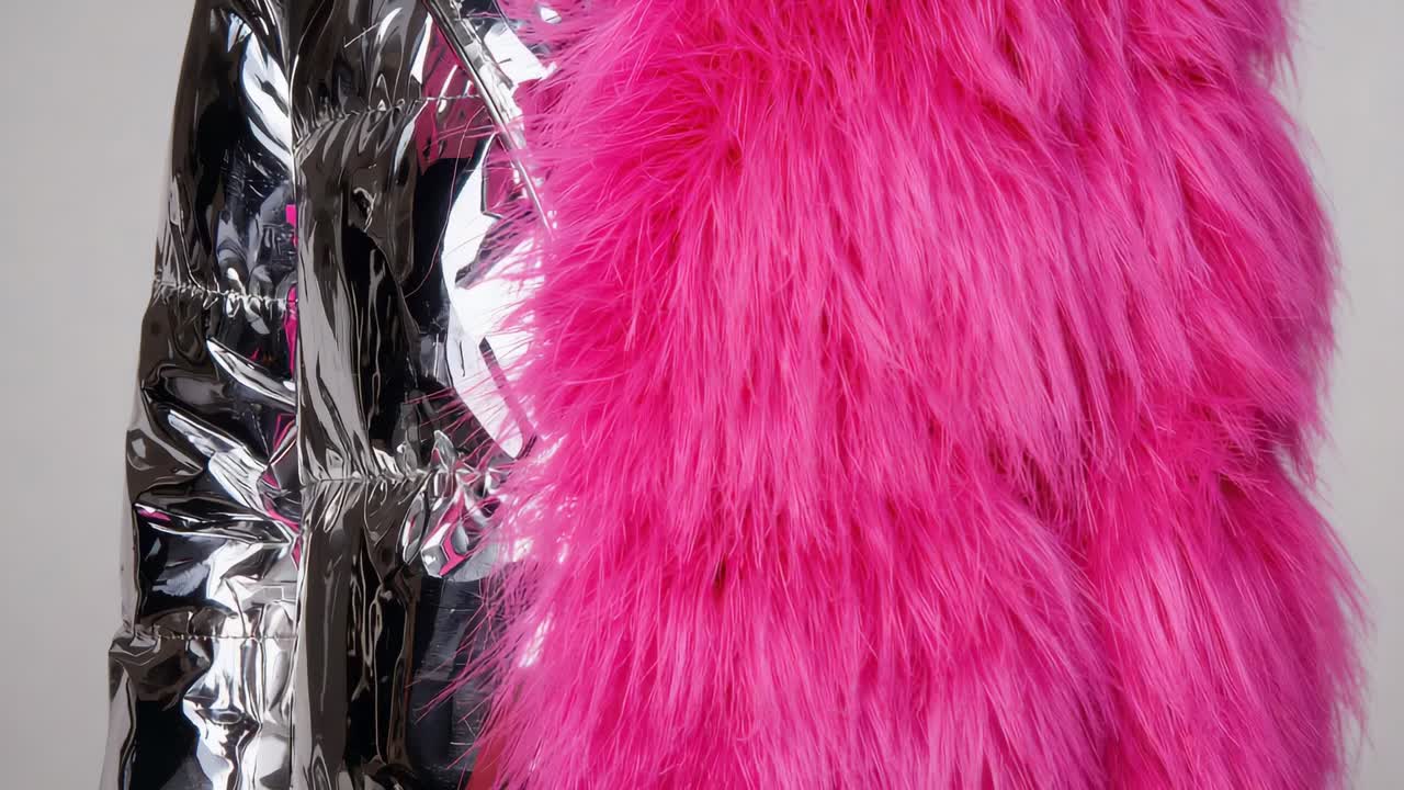 Manichino rotante che mostra un piumino argentato e pelliccia fucsia in uno studio dopo una leggera rotazione