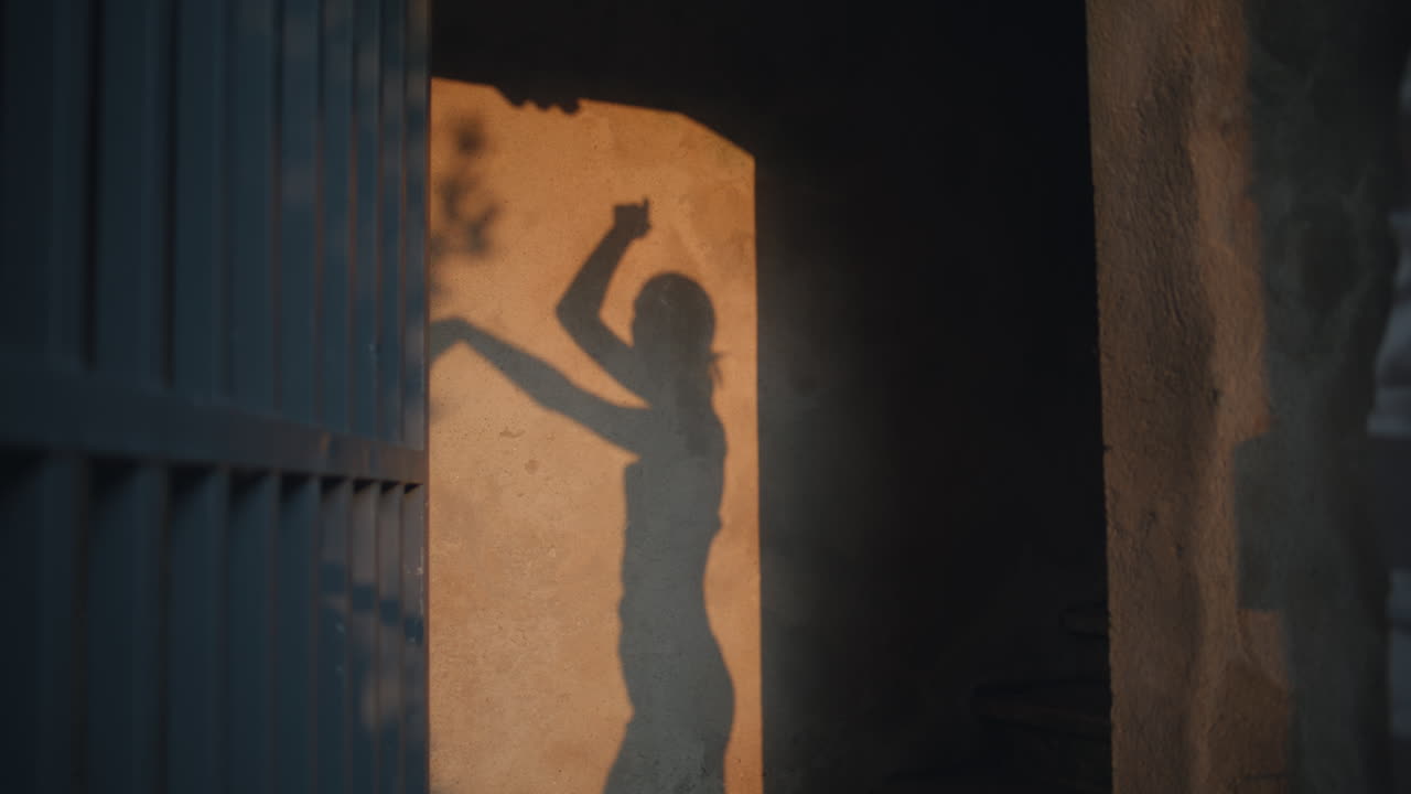 감각적인 여자의 그림자가 건물 벽에 움직이고, 인식할 수 없는 소녀의 몸이 움직인다.