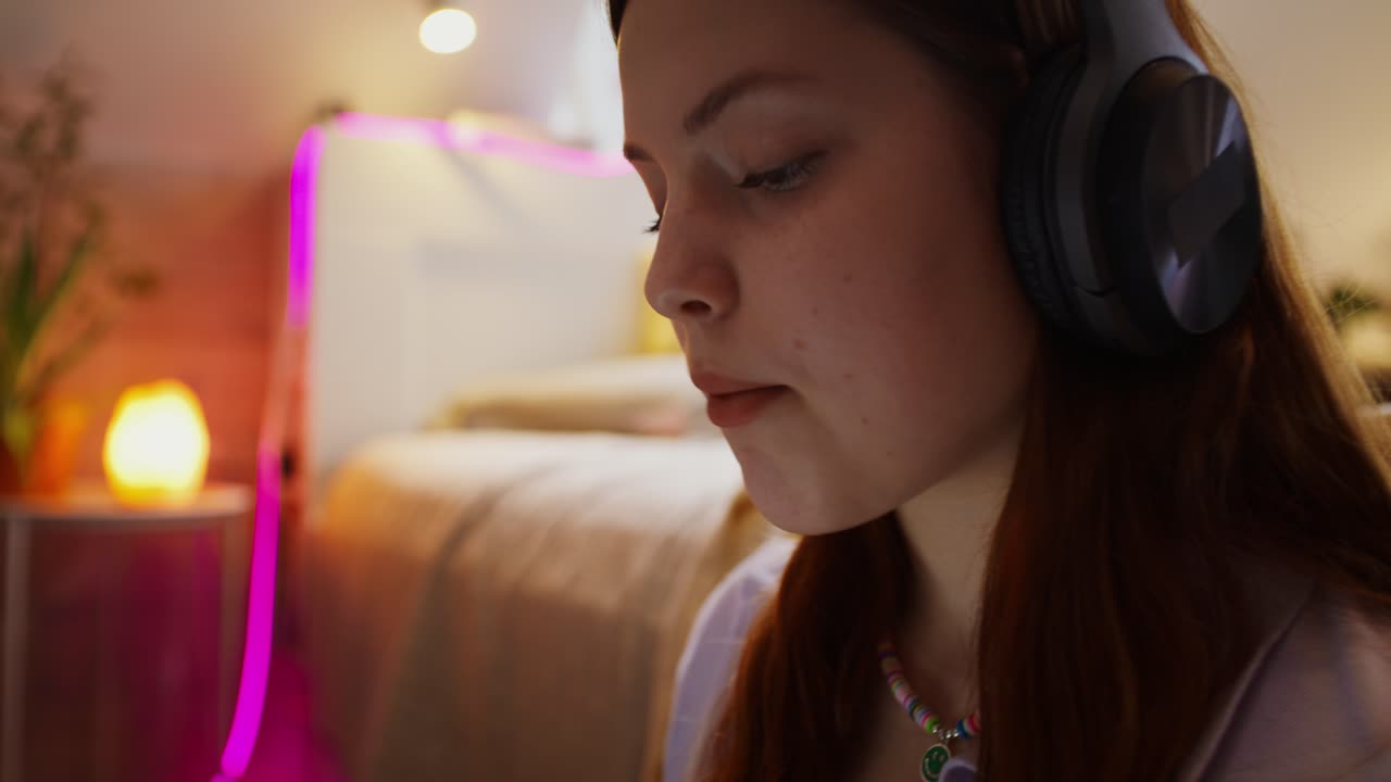 십대 소녀가 침실에서 음악을 듣고 있다