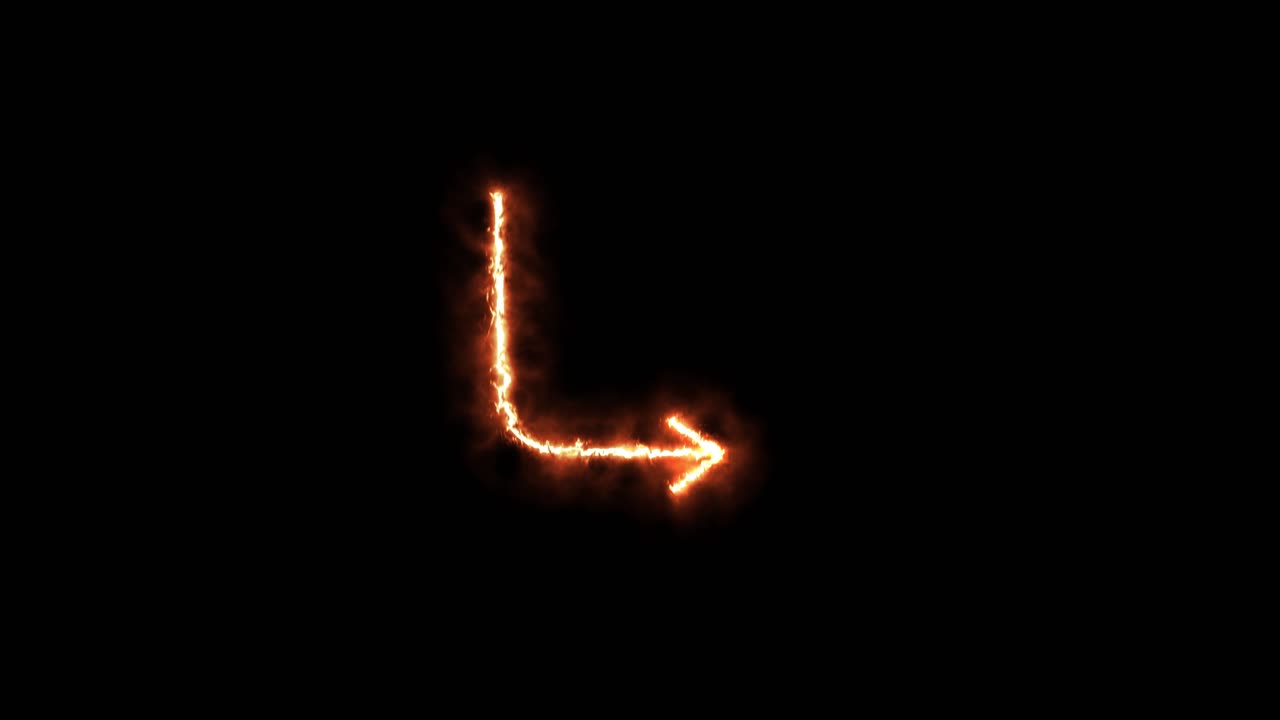 Glowing fire arrow animates a right-angle turn, emitting sparks against a dark background