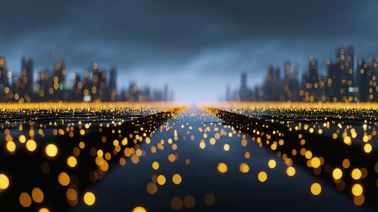 Un paesaggio accattivante che mostra un sentiero scintillante fiancheggiato da luci luminose, che conduce verso lo skyline di una città distante sotto un cielo nuvoloso spettacolare