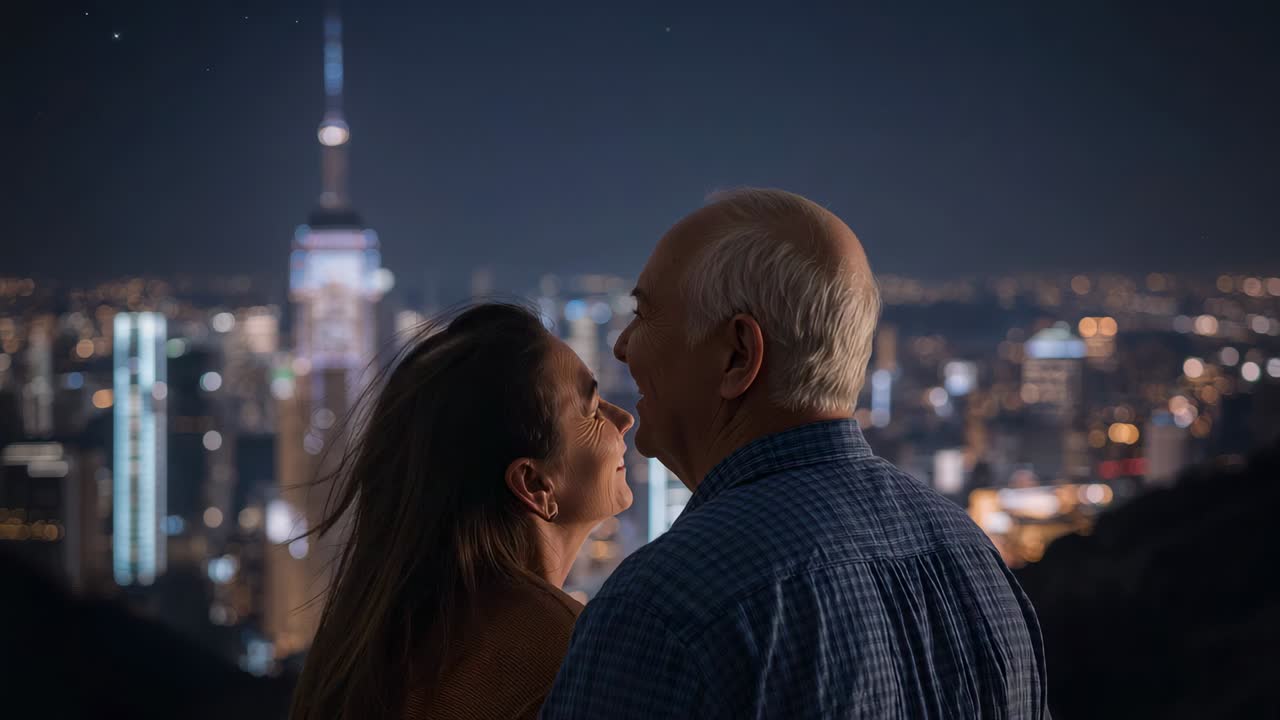 Glancing, couple turning and smiling, sharing moment at overlook, man blue shirt, city lights