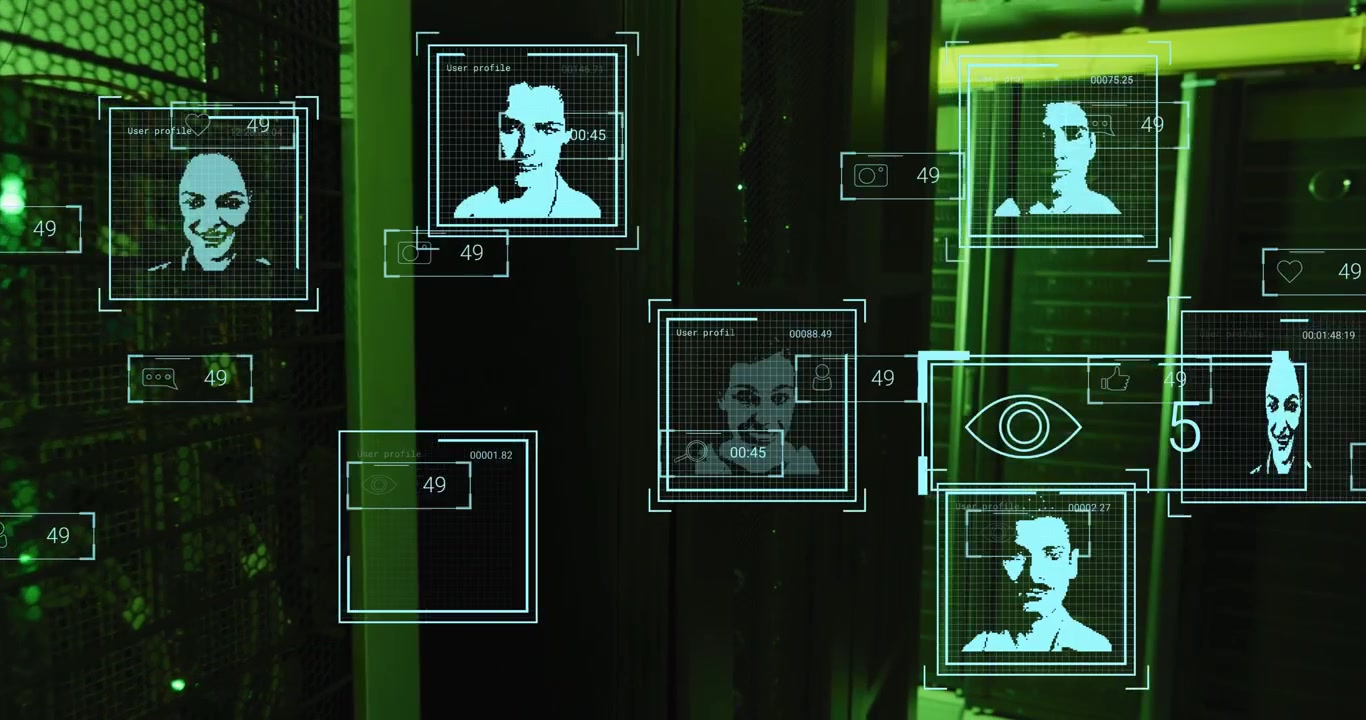 Animation of changing profile icons against computer server room
