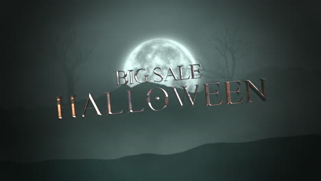 gran venta de halloween texto con gran luna y bosque místico