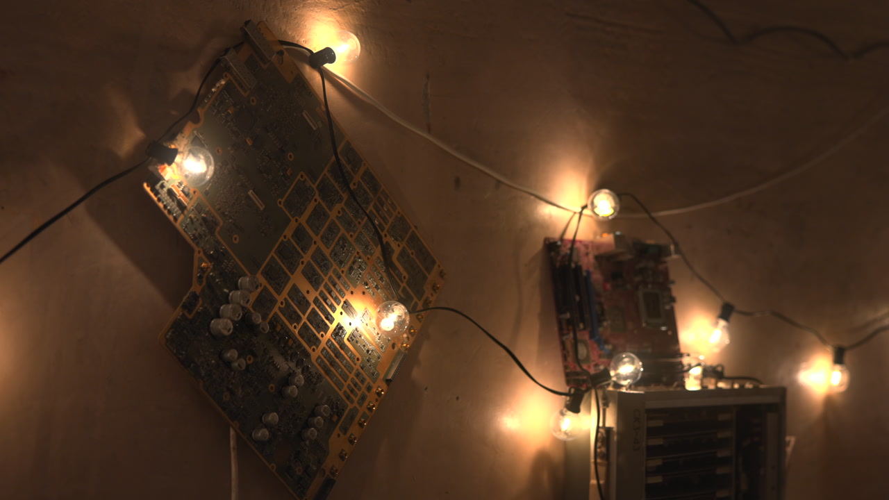 Circuit Board Wall Lit By Bulbs, Maker Workshop Mood, Upcycled Electronics Display, Hanging Motherboards . Media