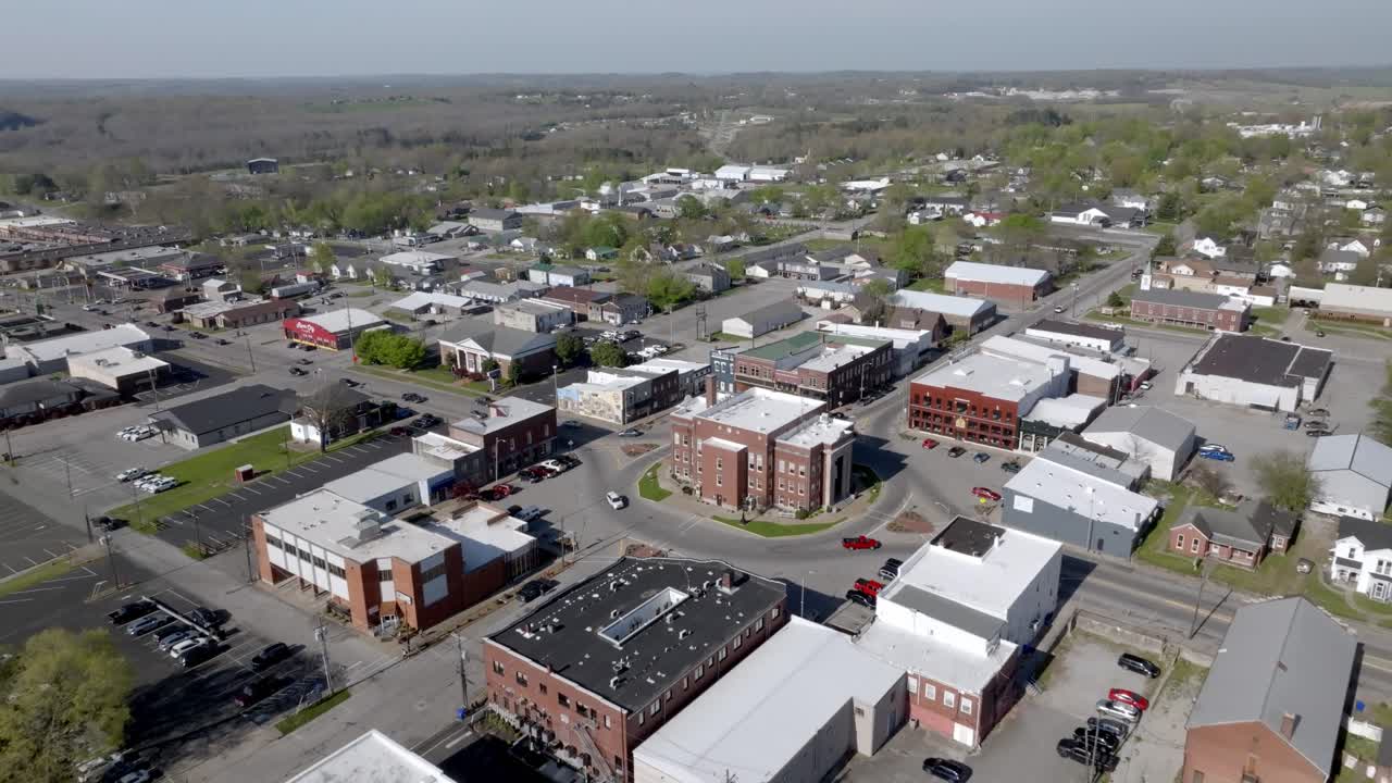 Leitchfield, Kentucky downtown with drone video moving in.