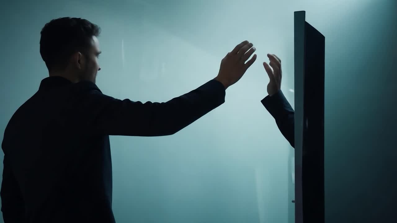 파란색 배경에 투명한 화면을 만지는 사업가, 첨단 기술과 인터랙티브 커뮤니케이션을 보여줍니다.