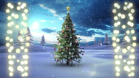 animación de luces de hadas sobre el árbol de navidad y el paisaje de invierno.