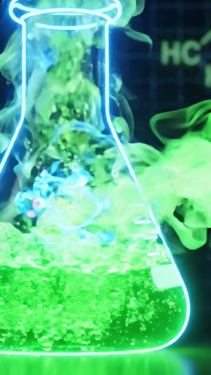 Dynamische visuelle Transformation eines Chemieexperiments: Von farbenfrohen Wirbeln zu leuchtend grüner Flüssigkeit in einem Neonkolben