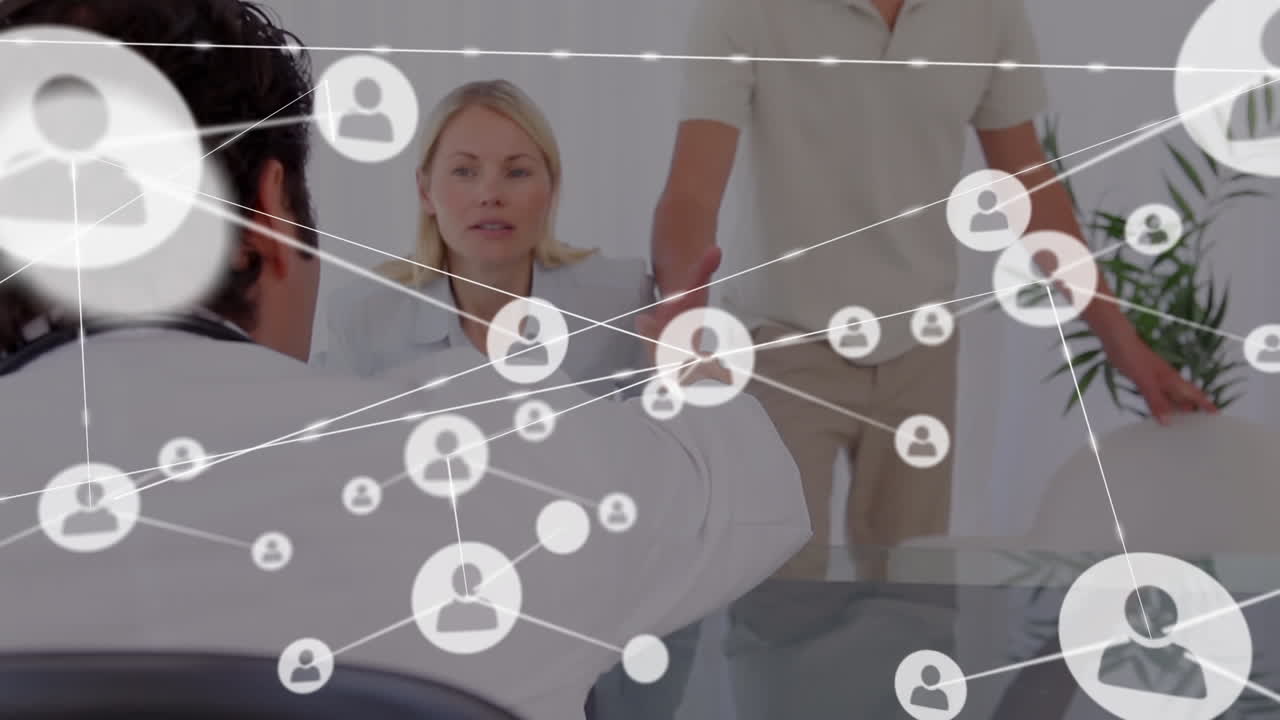 анимация сети икон профиля против белой пары, пожимающей руки врачу-мужчине