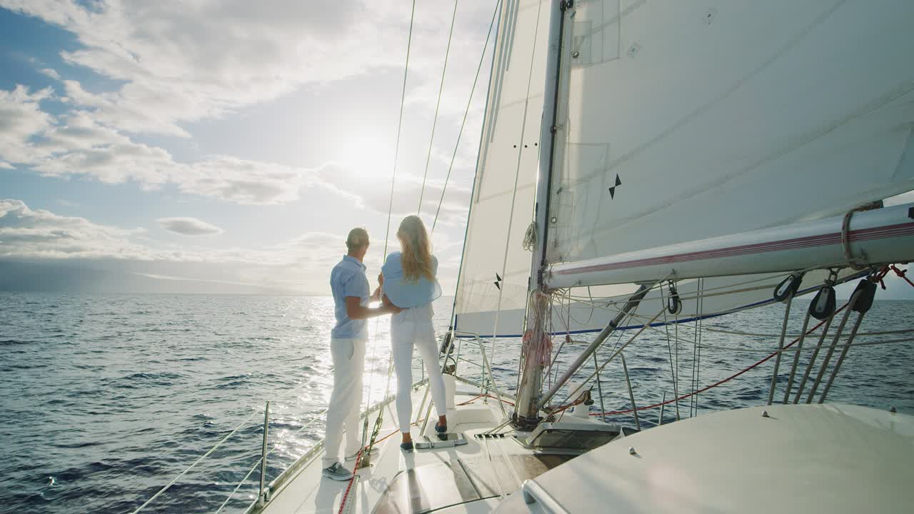 una pareja navegando hacia la puesta de sol.