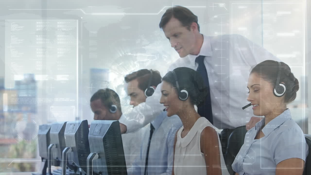 전화 헤드 ⁇ 을 사용하는 비즈니스 사람들에 대한 디지털 인터페이스의 애니메이션