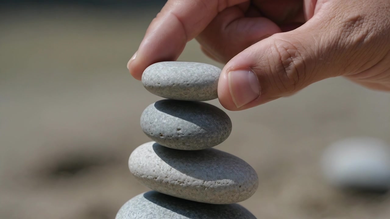 Una mano adulta bajando y equilibrando un guijarro plano en una playa de arena, completando una pila de cinco piedras.