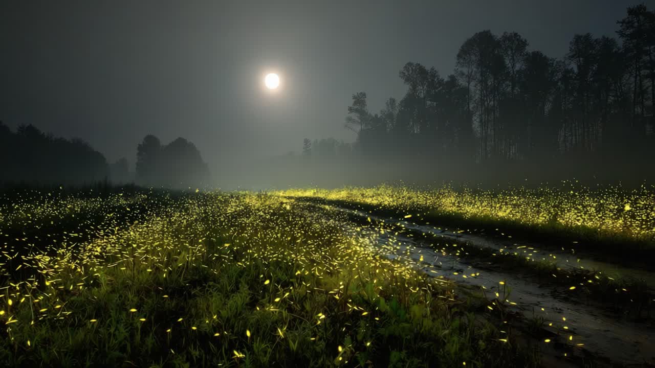 A mesmerizing night scene filled with glowing fireflies illuminating a foggy landscape under a full moon, creating a magical and surreal ambiance in the tranquil wilderness