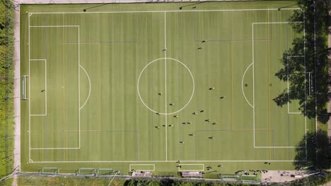 stationary top down drone shot of soccer or football match