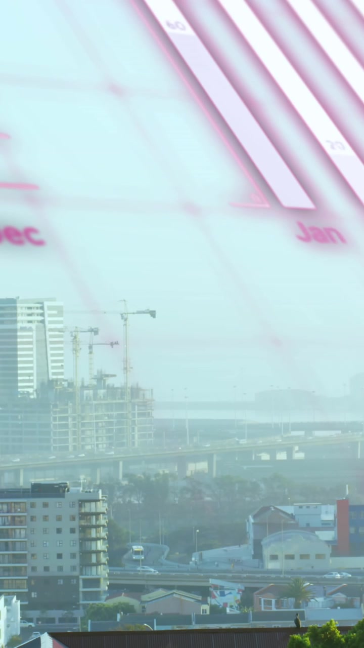 Animação de globo, linguagem de computador, gráficos sobre cidade moderna contra céu limpo