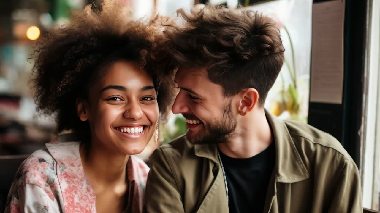 Young multi ethnic couple enjoying a delightful time together in a restaurant, sharing smiles and laughter while savoring their meal and drinks, radiating joy and affection