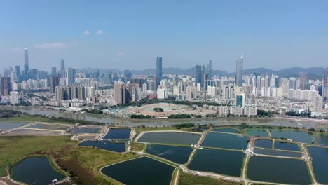 Vista-Aérea-Sobre-El-Horizonte-De-Shenzhen-En-Un-Hermoso-Día-Claro