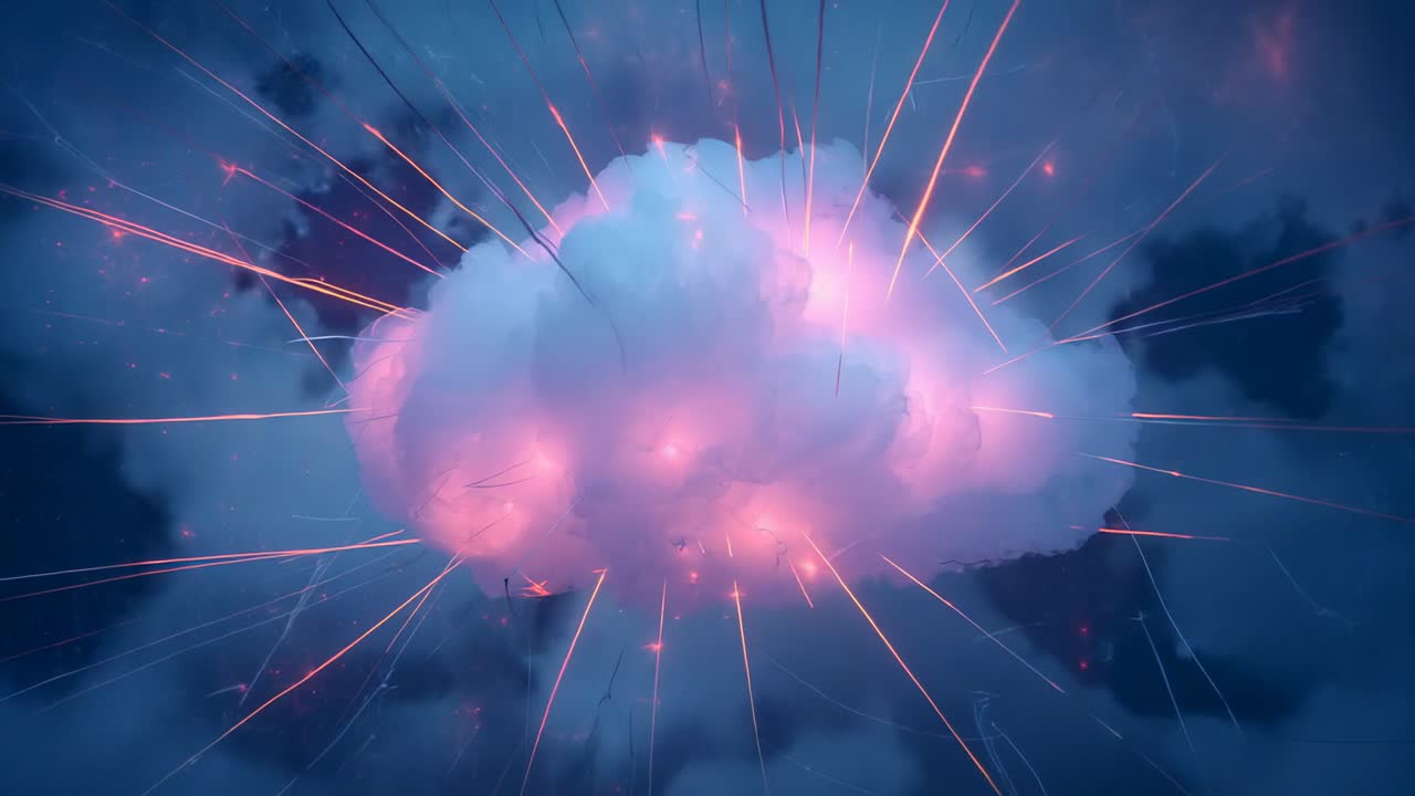 Emitting soft pink glows, cumulus cloud sparking energy strands across blue void, sparks drifting