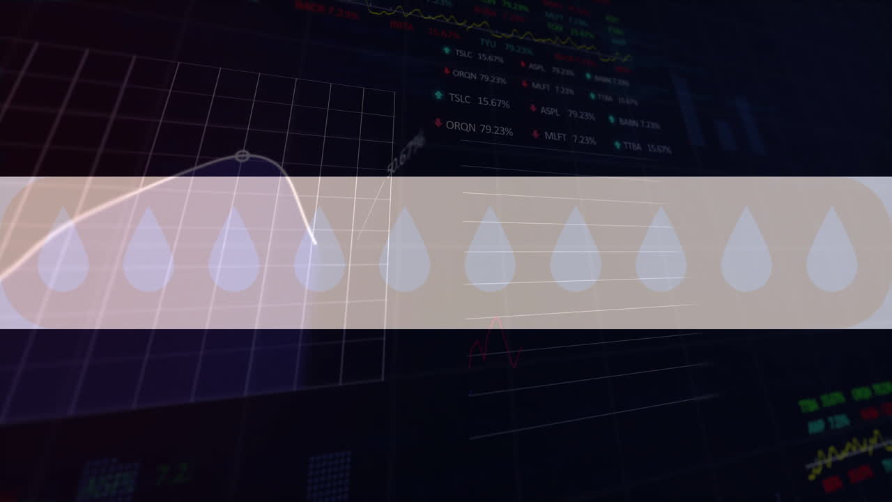 Water droplet icons and percentage over financial data and graphs animation