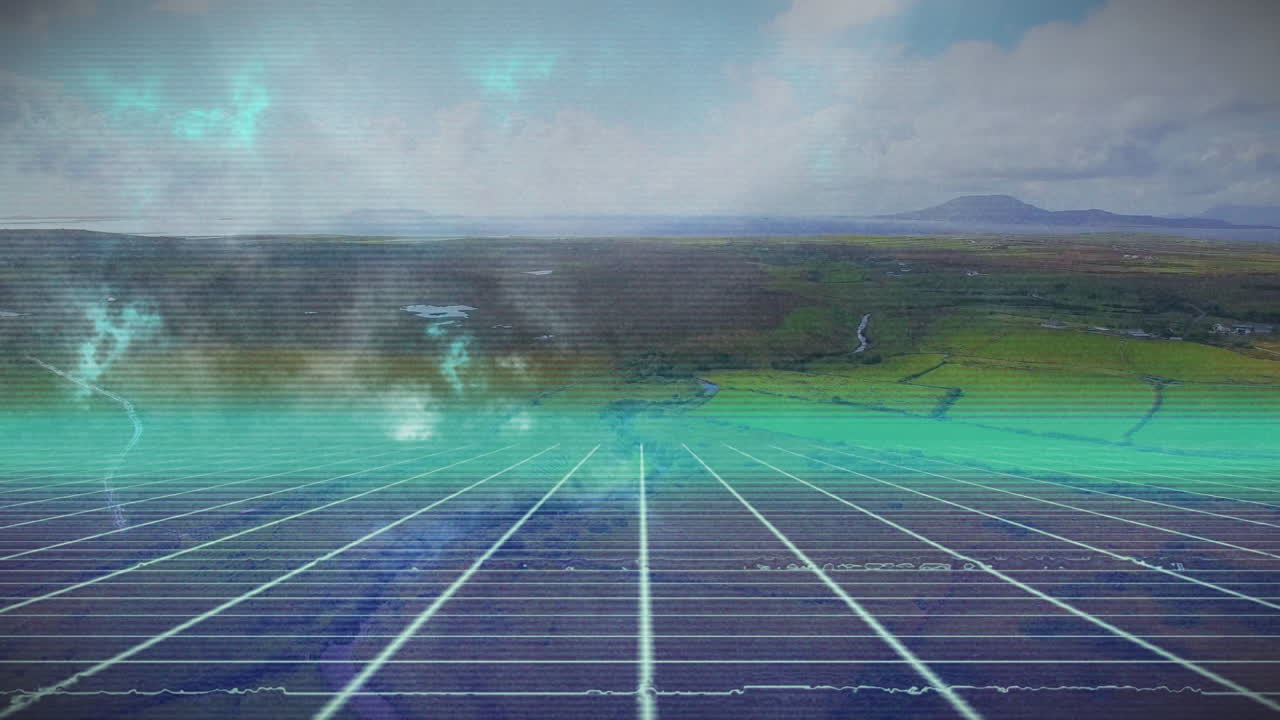 Animation of digital grid overlaying landscape with clouds and distant mountains