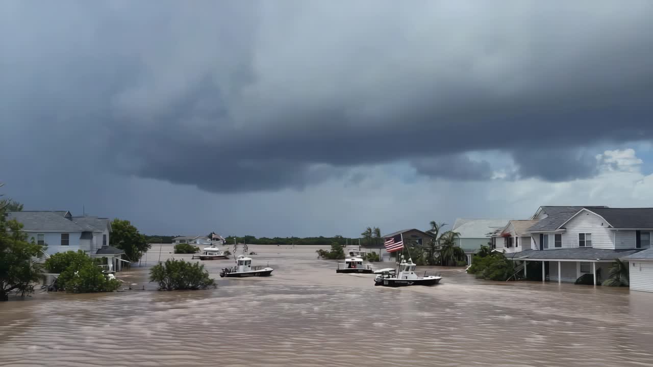 Flooded Neighborhood with Boats and Stormy Sky