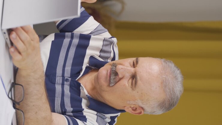 Vertical video of Home office worker old man is incompetent.