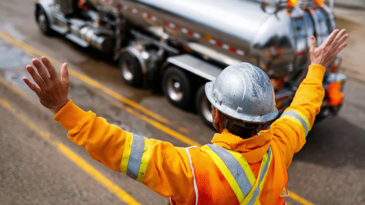 A construction worker in a reflective vest signals to a large tanker truck on the road, emphasizing safety and communication in heavy vehicle traffic management