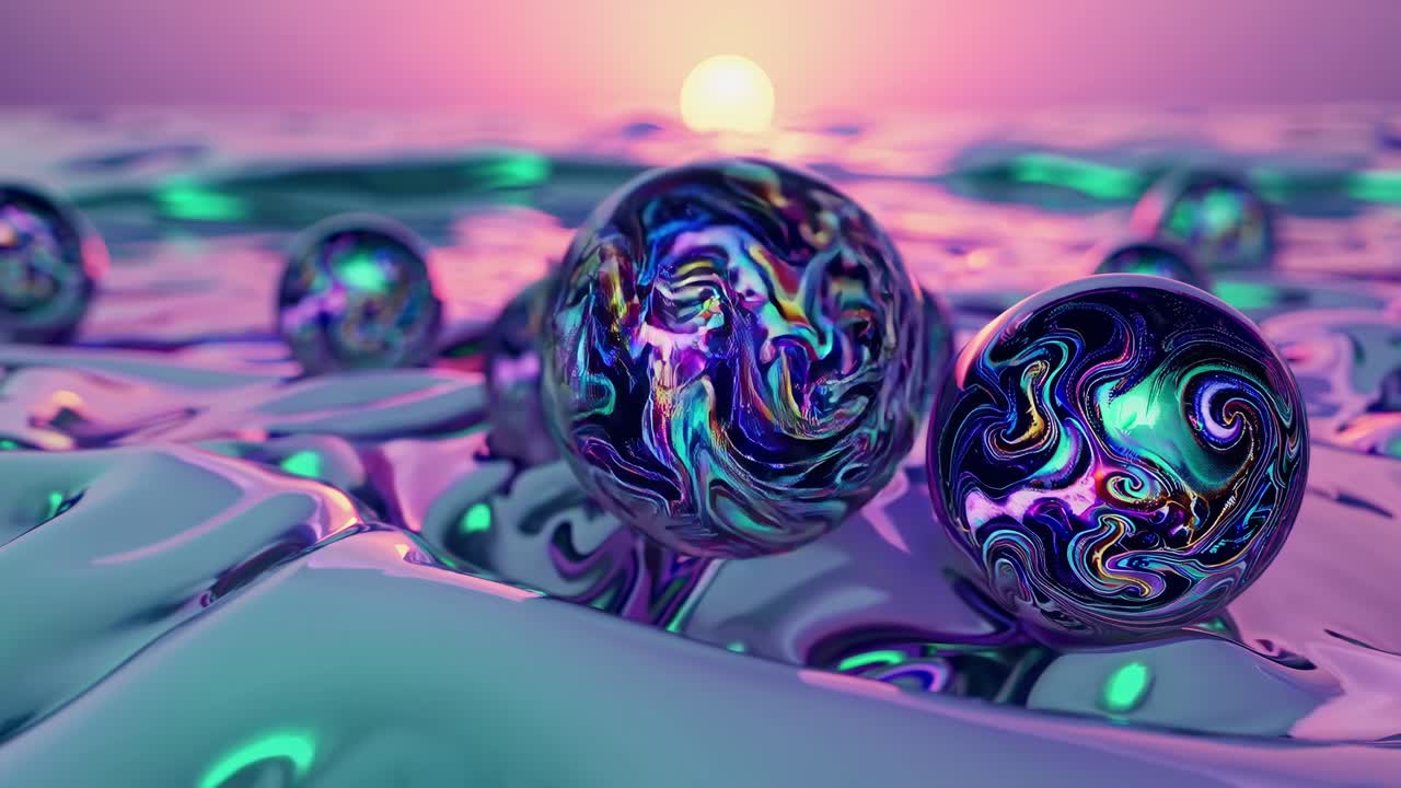 Luminous, swirling orbs hovering over iridescent metallic surface, generating mesmerizing dreamscape beneath soft sunset glow, embodying fluid digital art aesthetic