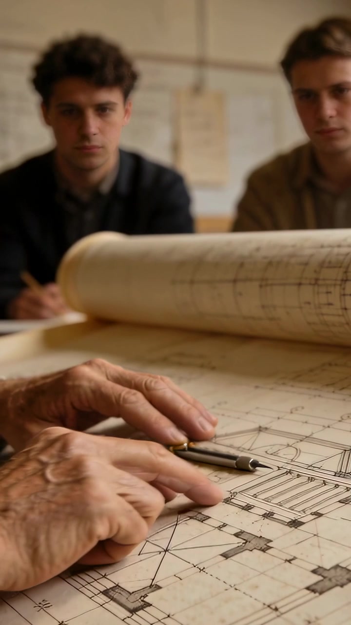 Vertical video: Pointing mentor hands tracing lines at studio, with plans and compass for review