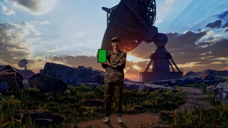 full body of asian man soldier smiling and showing green screen tablet to the camera while standing with satellite dish