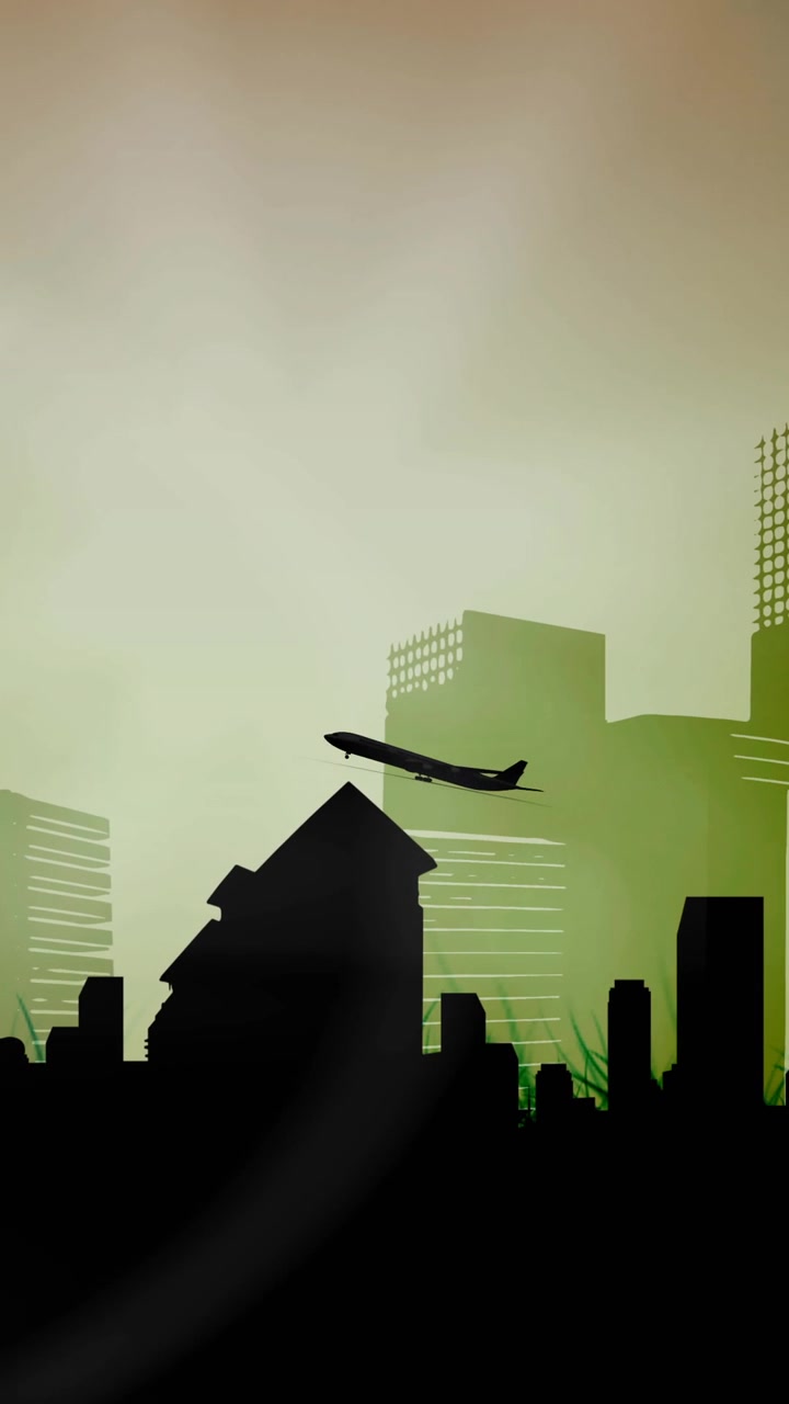 Animación de un avión despegando sobre un paisaje urbano moderno silueteado en verde