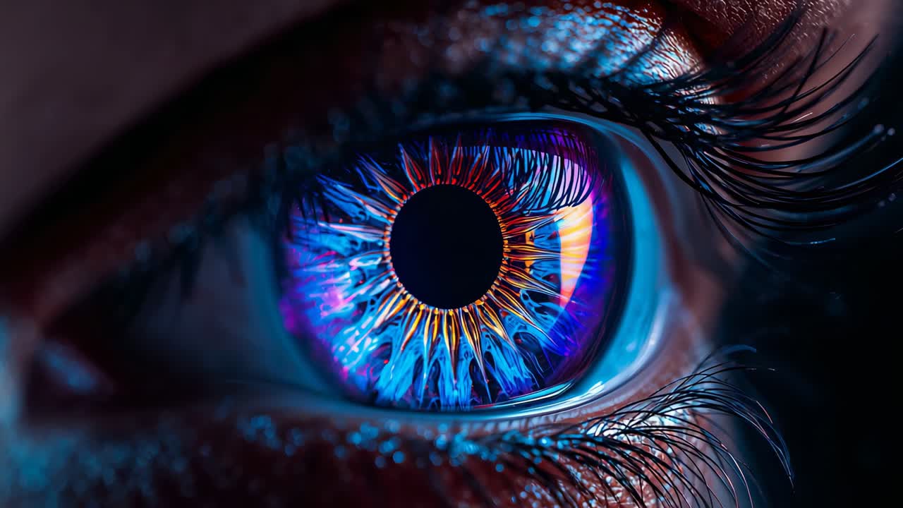 Recording human eye micro-adjusting eyelid and pupil in studio, iris shimmering for iris study