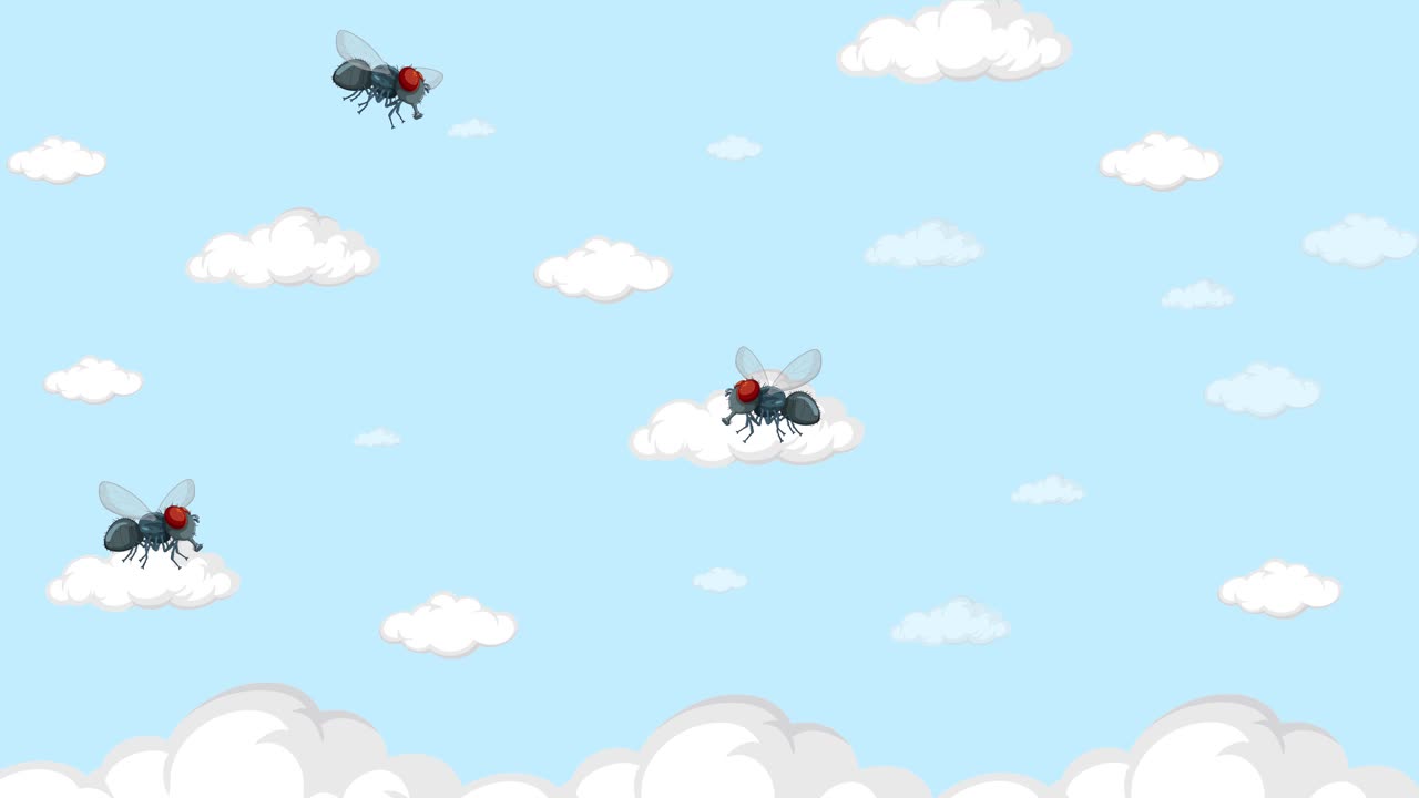 las moscas de dibujos animados zumbando a través de un cielo nublado.