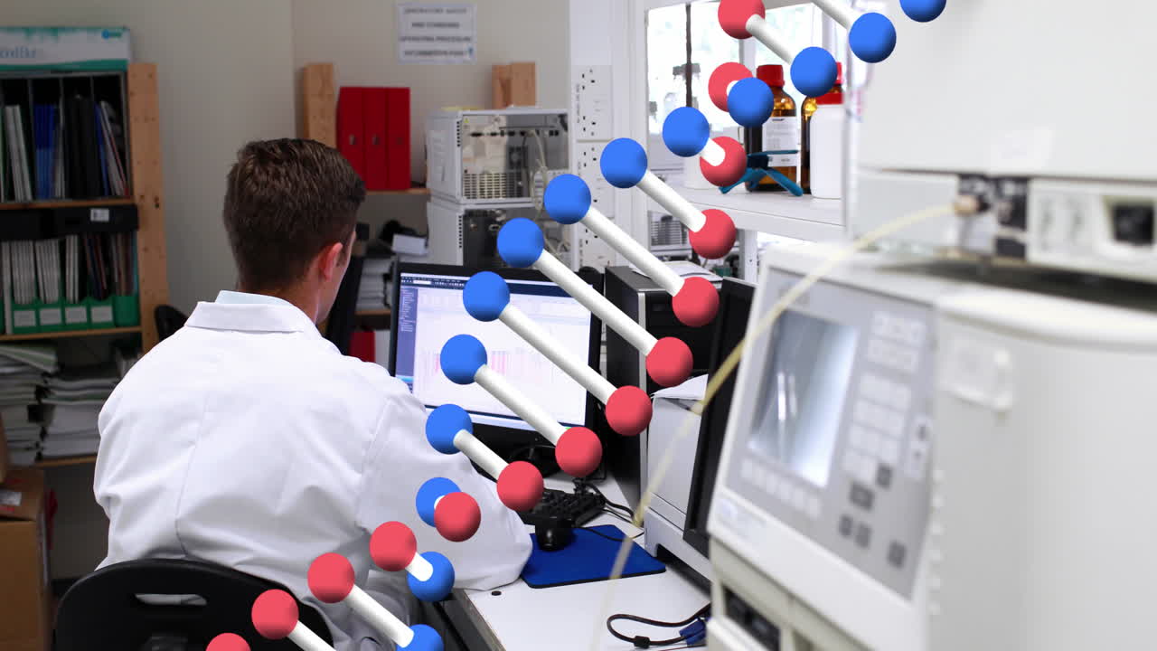 animación de una cadena de adn girando sobre un científico caucásico.