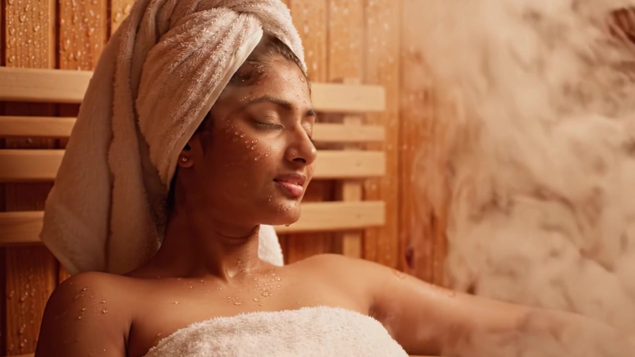 Relax e Ringiovanimento in un Bagno Turco: Un Viaggio Attraverso la Serenità e la Cura di Sé con un Individuo Calmo in un Caldo Ambiente Sauna