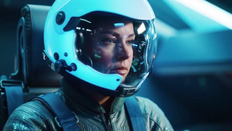woman pilot in futuristic spaceship cockpit