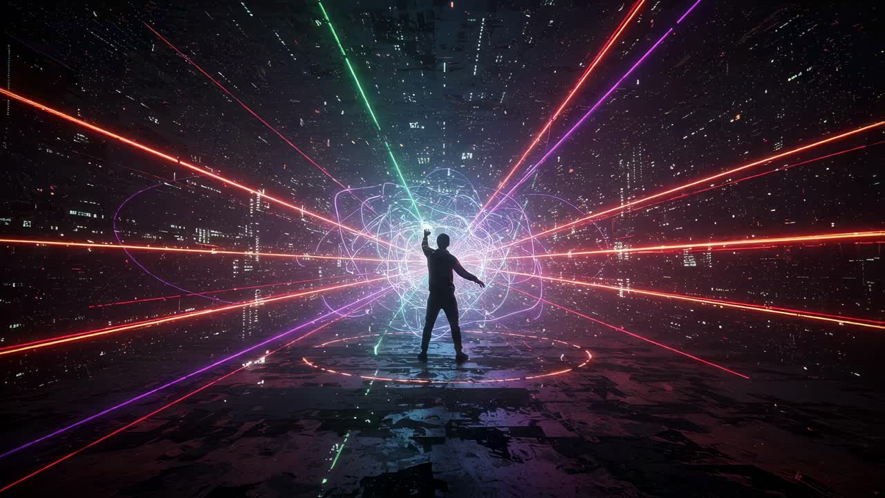 Stunning light show captivates audience in an immersive digital space with vibrant colors and futuristic visuals