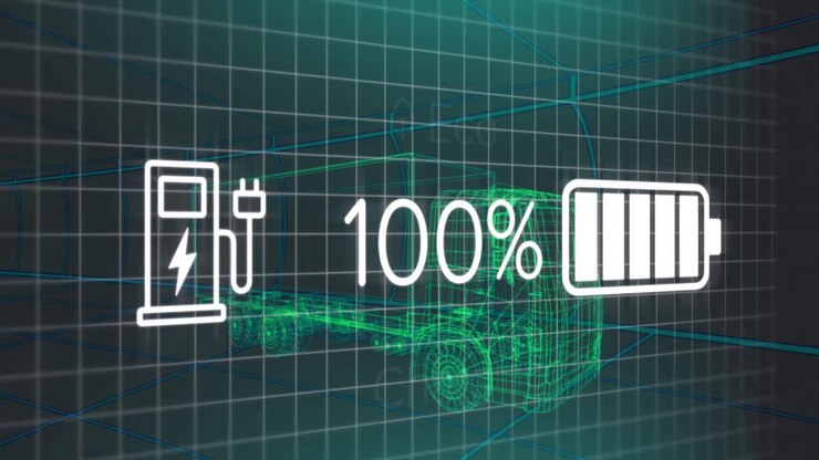 Animation von Ladestatusdaten auf der Benutzeroberfläche eines Elektrofahrzeugs, über einem 3D-LKW-Modell.