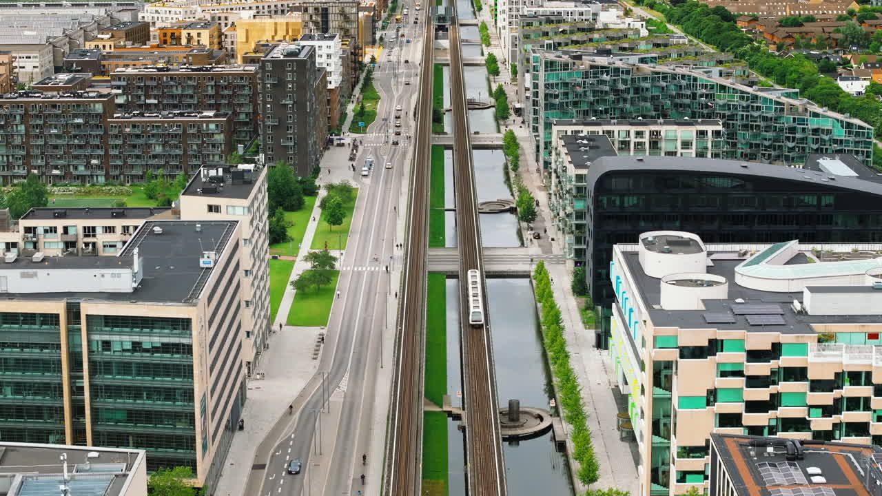 Aerial drone view of the Orestad railway station in Copenhagen, Denmark