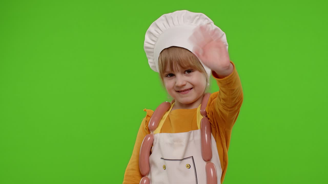 Child girl cook chef waving hands asking to follow welcome hello hi ...