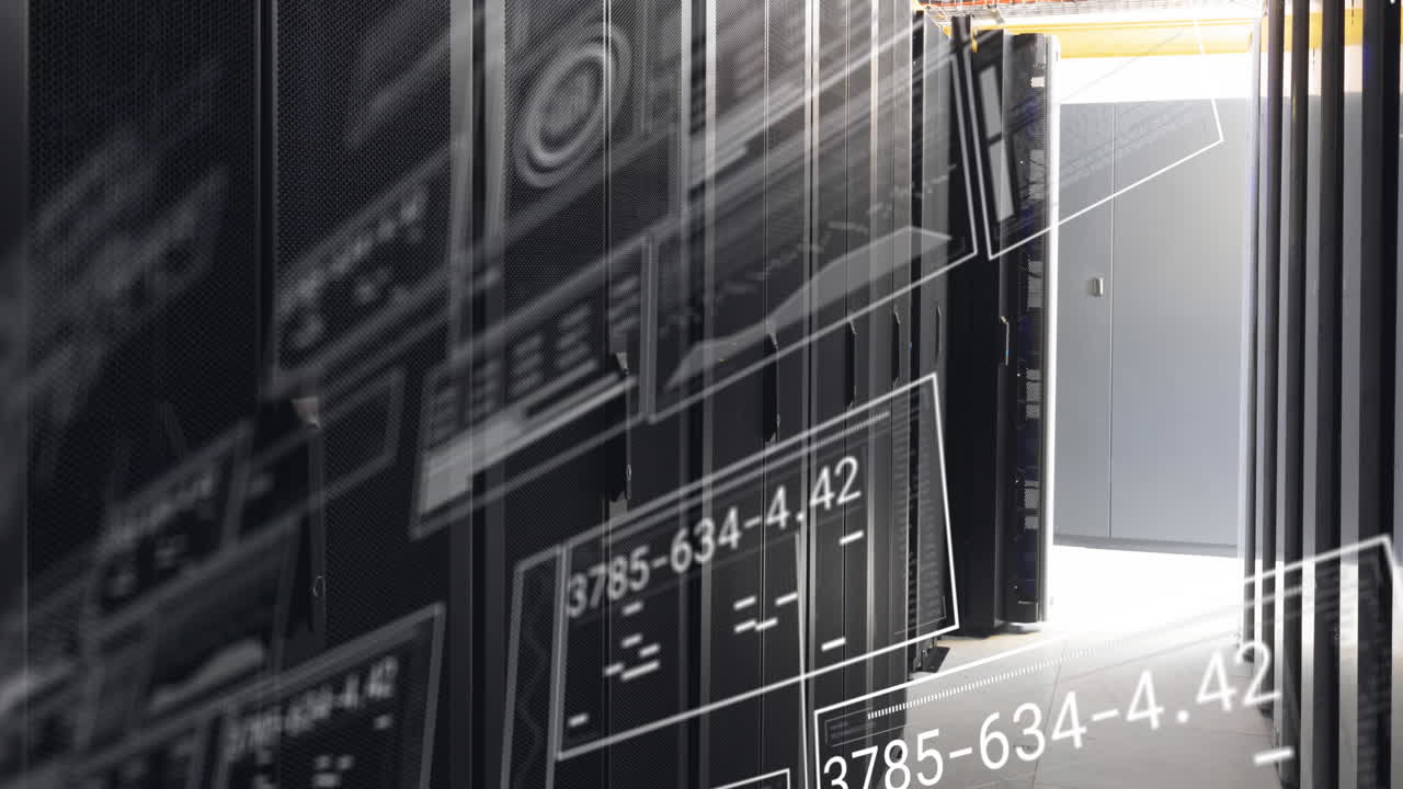 Animation of interface with data processing against computer server room