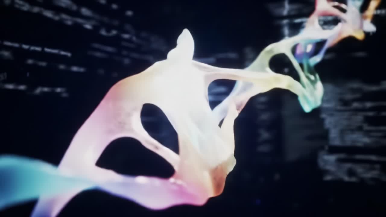 An abstract display of flowing colorful shapes moves gracefully through a dark, futuristic space, creating a mesmerizing visual experience at an art exhibition.