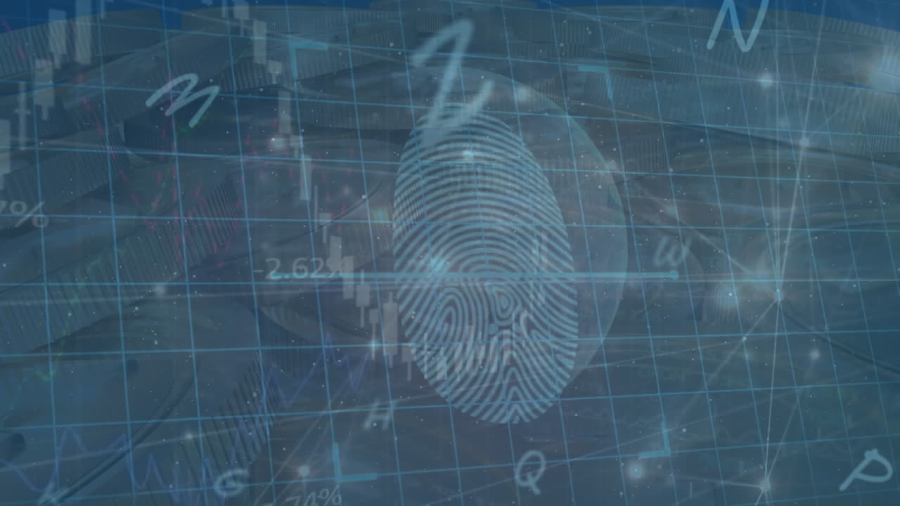 Animation of data processing over globe and fingerprint